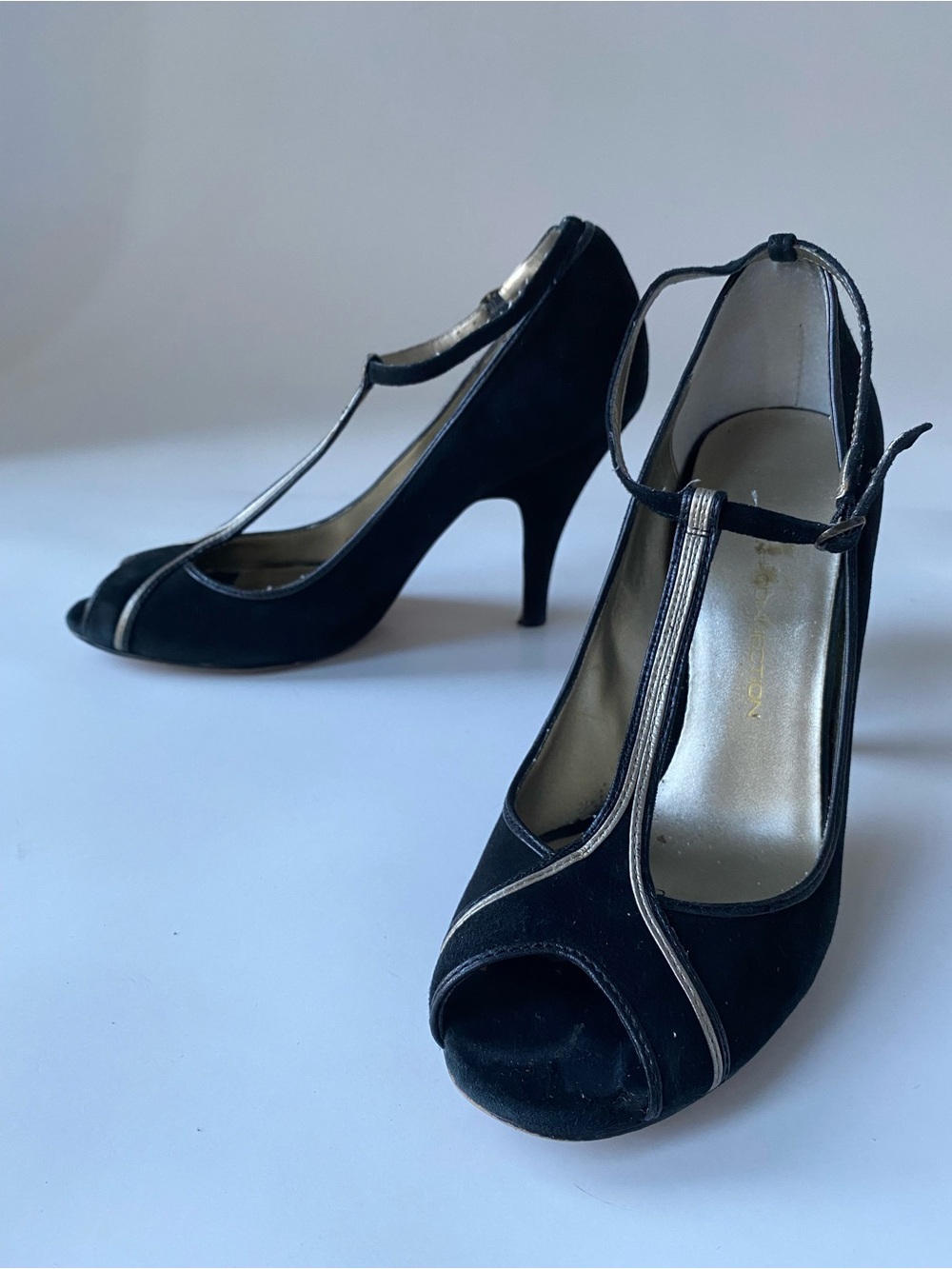 Black suede T-Strap Peep Toe French Connection Heels